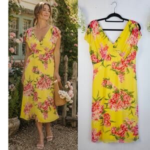 Bahari Midi Dress 12 Yellow Floral Chiffon V-Neck Cottagecore Y2K Garden Party